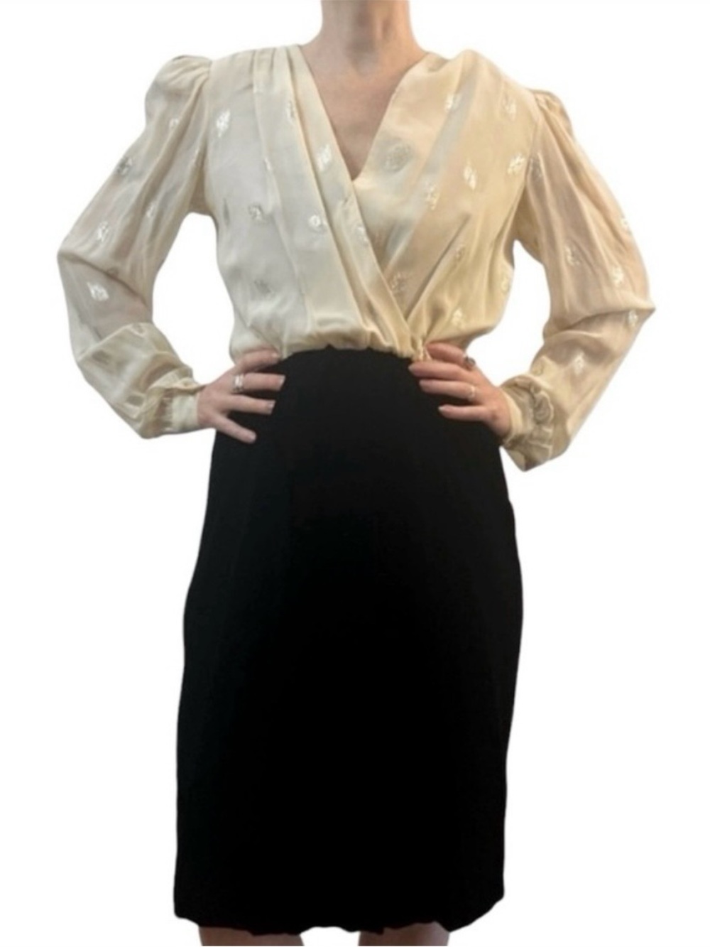 1950’s Elegant Wiggle Dress in a Black Velvet & Slinky Cream Shimmery Top, Small